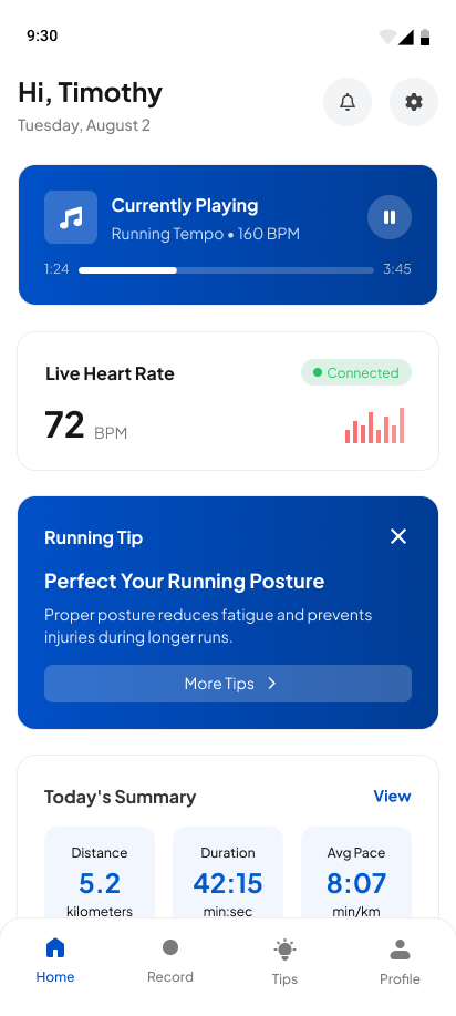Training progress interface displaying personalized goals, workout plans, achievement milestones, and progress tracking in Pacebeats